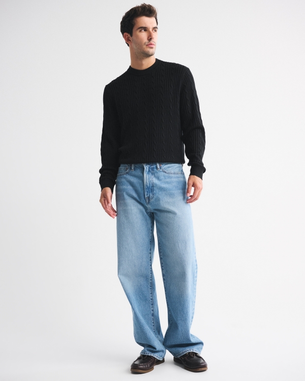 Merino Wool-Blend Cable Crew Sweater, Black view 2