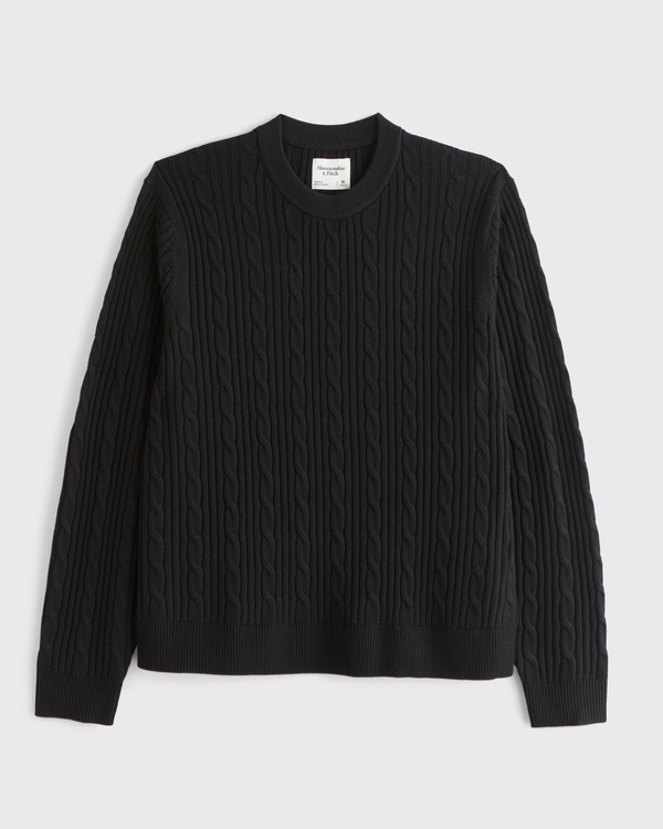 Merino Wool-Blend Cable Crew Sweater, Black view 1