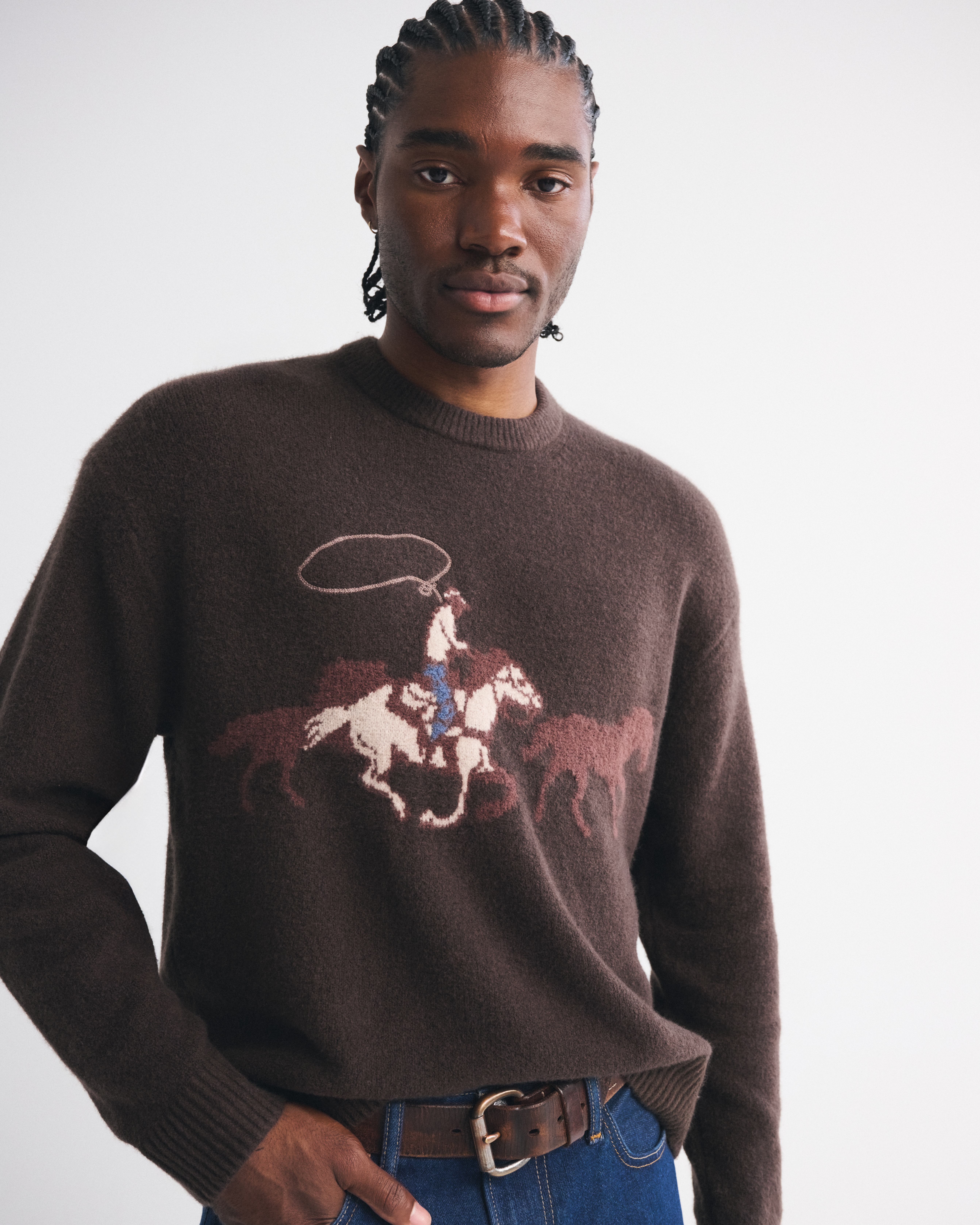 Abercrombie & Fitch Oversized Western Graphic Crew Sweater In Brown