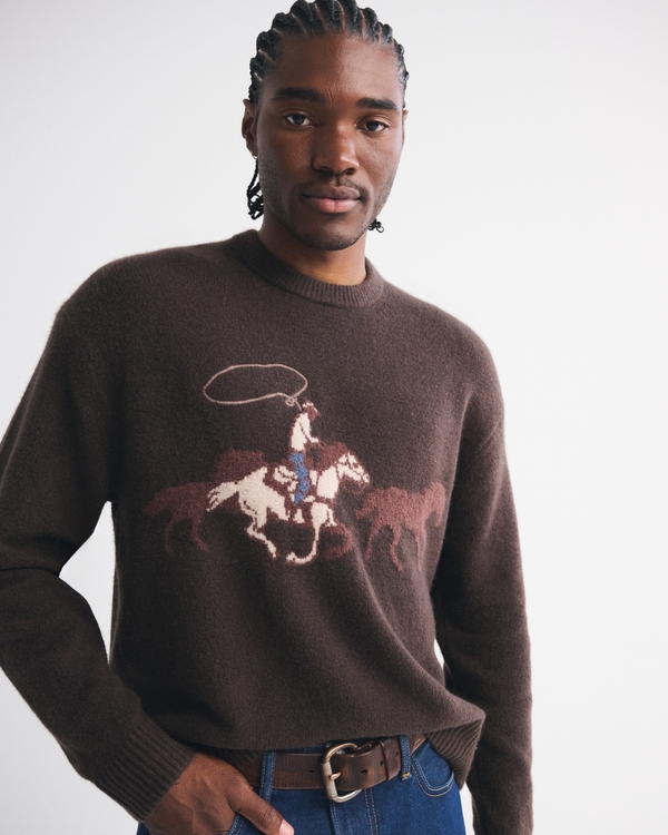 Oversized Western Graphic Crew Sweater, Dark Brown view 1