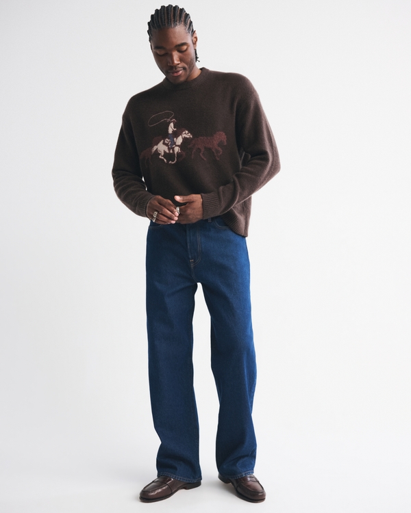 Oversized Western Graphic Crew Sweater, Dark Brown view 2