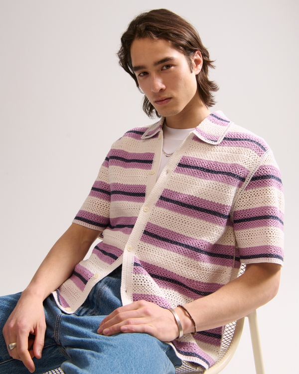Crochet-Style Striped Button-Through Sweater Polo, Light Purple Stripe view 1