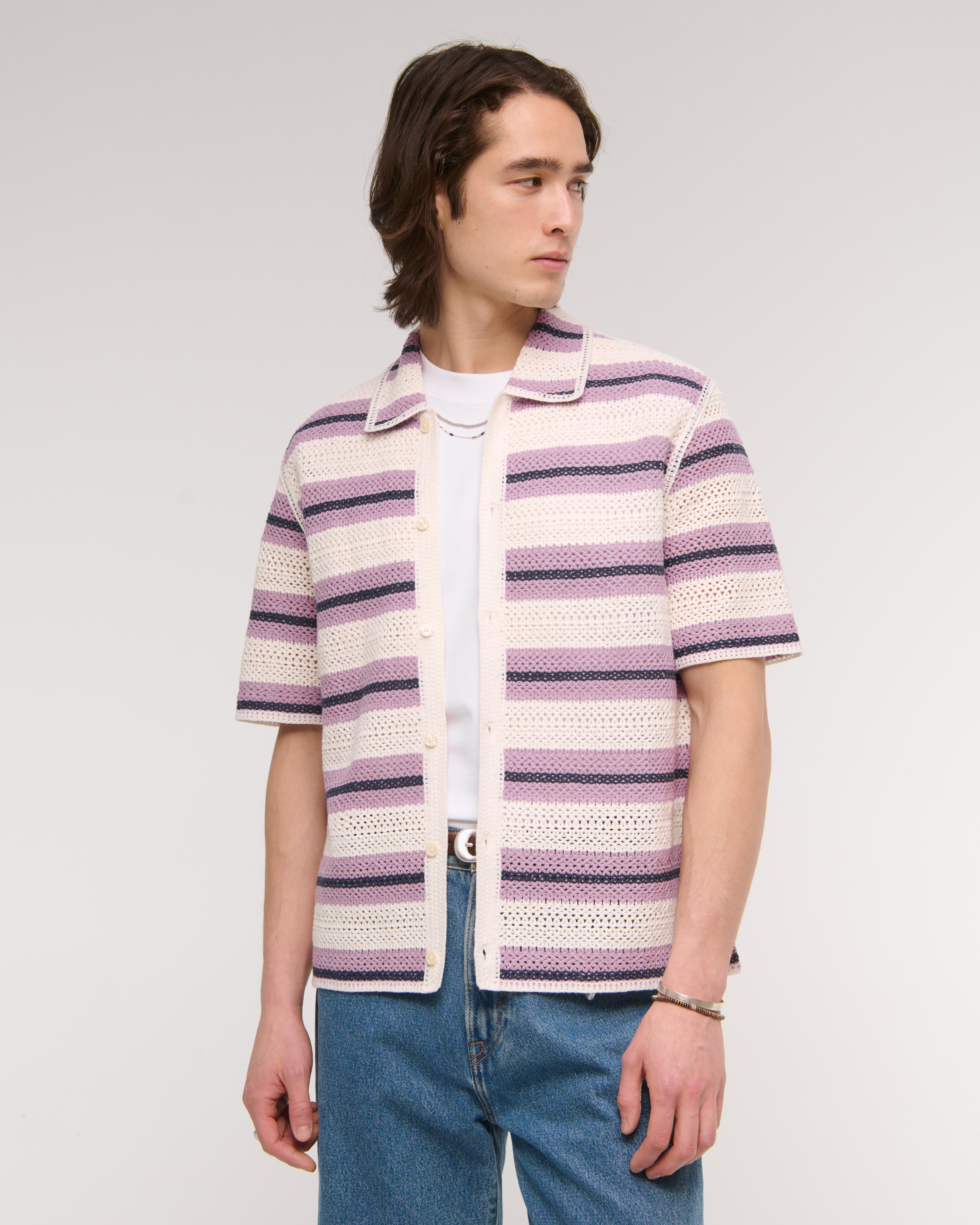 Abercrombie & Fitch Crochet-style Striped Button-through Sweater Polo In Black