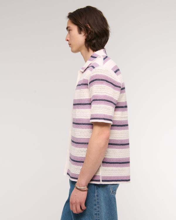 Crochet-Style Striped Button-Through Sweater Polo