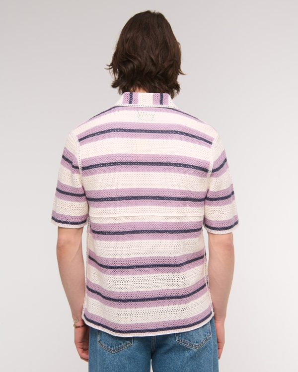 Crochet-Style Striped Button-Through Sweater Polo