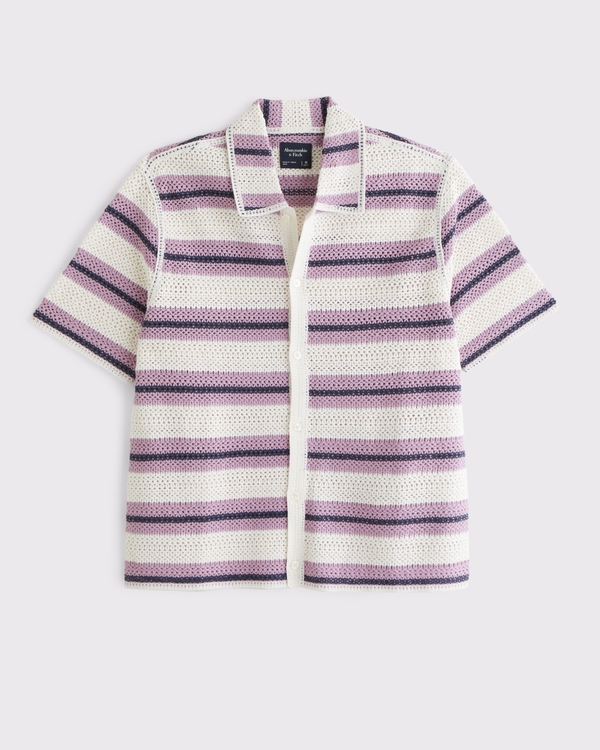 Crochet-Style Striped Button-Through Sweater Polo, Light Purple Stripe view 2