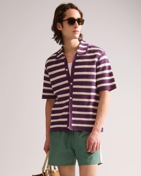 Crochet-Style Striped Button-Through Sweater Polo, Dark Purple Stripe view 1