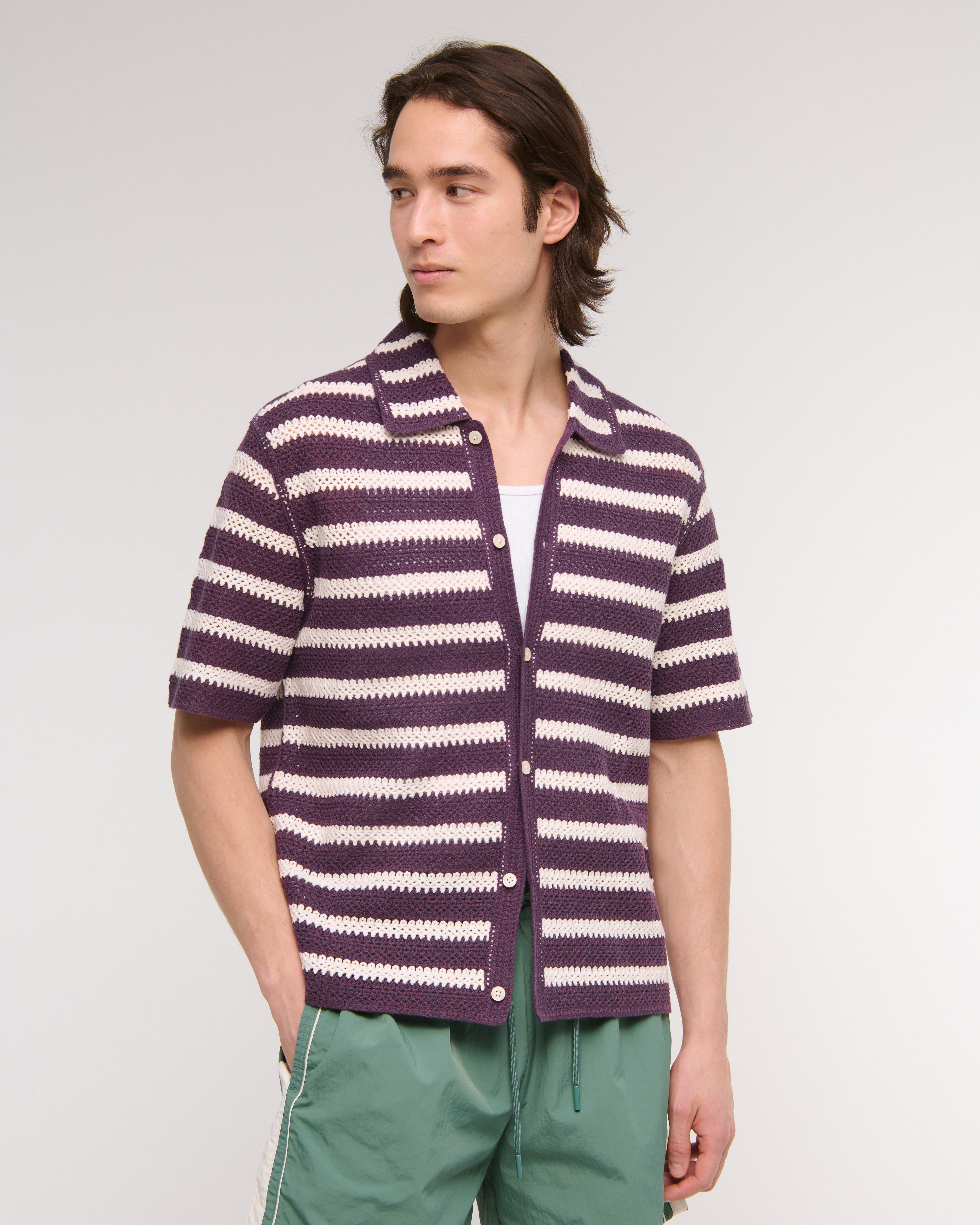 Abercrombie & Fitch Crochet-style Striped Button-through Sweater Polo In Black