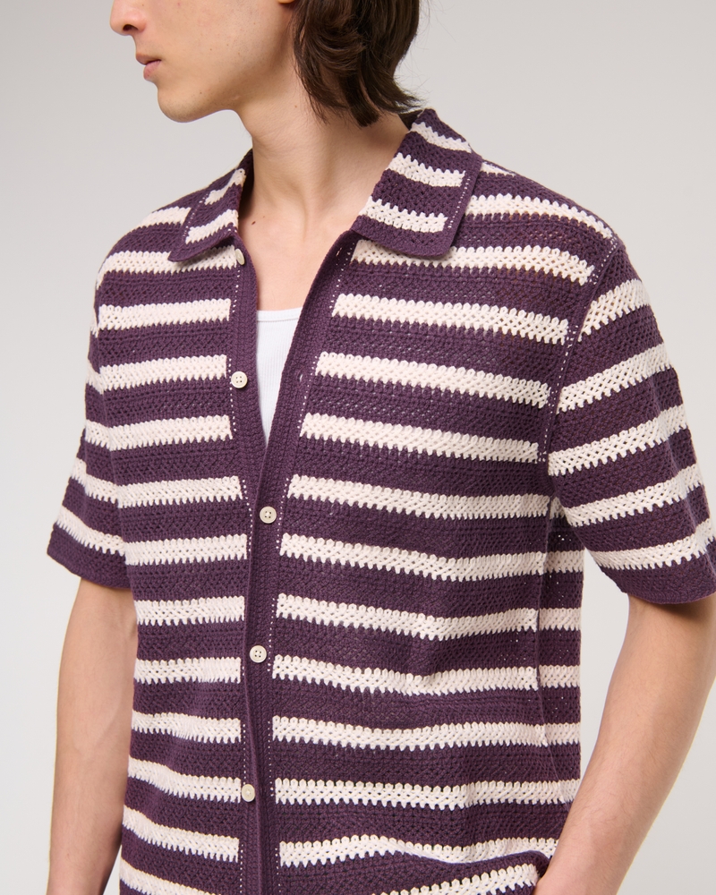 Crochet-Style Striped Button-Through Sweater Polo