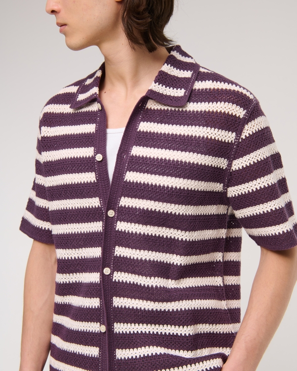Crochet-Style Striped Button-Through Sweater Polo