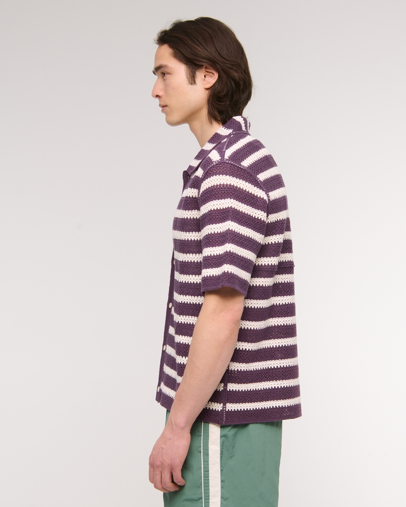 Crochet-Style Striped Button-Through Sweater Polo