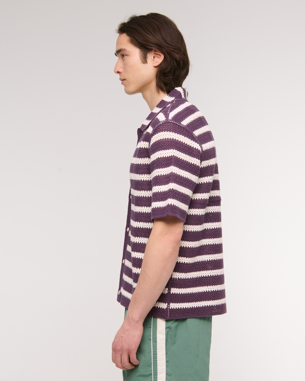 Crochet-Style Striped Button-Through Sweater Polo