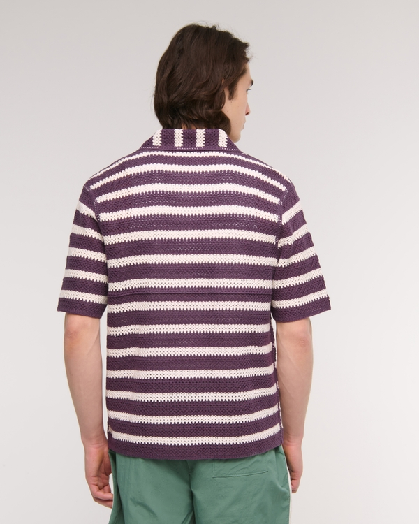 Crochet-Style Striped Button-Through Sweater Polo