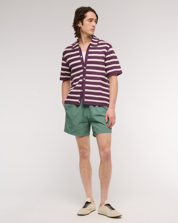 Crochet-Style Striped Button-Through Sweater Polo