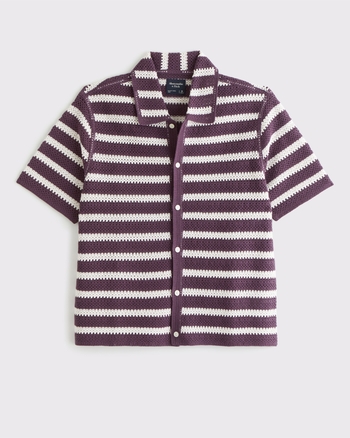 Crochet-Style Striped Button-Through Sweater Polo