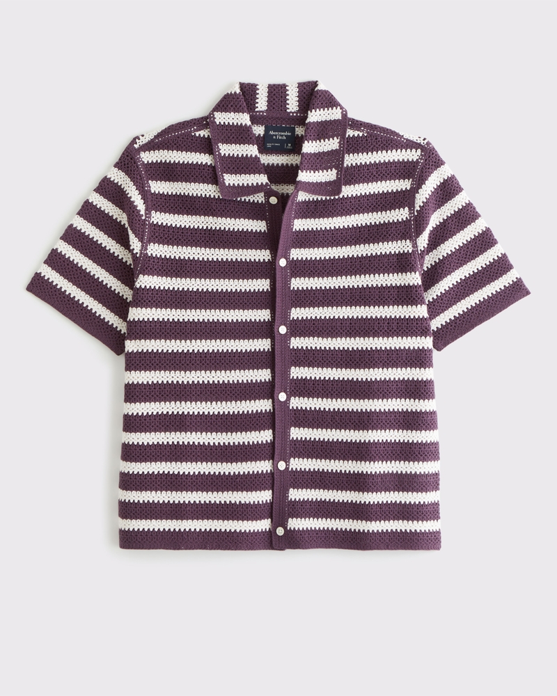 Men's Crochet-Style Striped Button-Through Sweater Polo | Men's