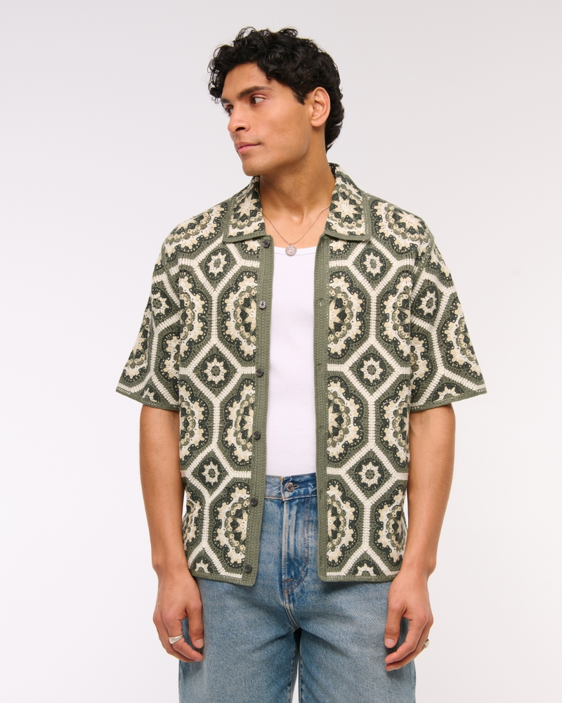 Crochet-Style Floral Button-Through Sweater Polo