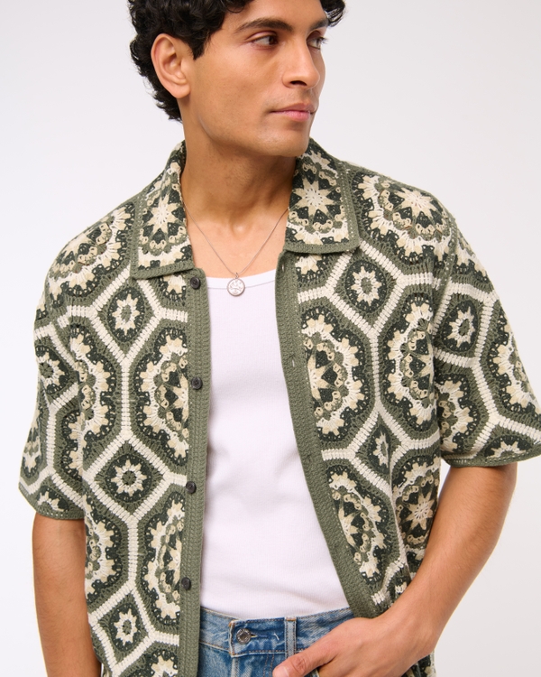 Crochet-Style Floral Button-Through Sweater Polo