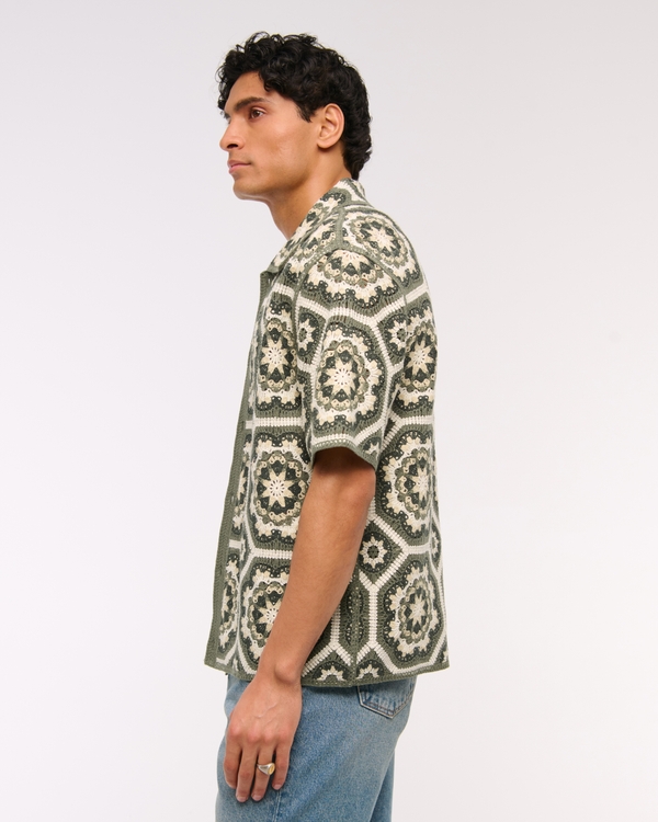 Crochet-Style Floral Button-Through Sweater Polo