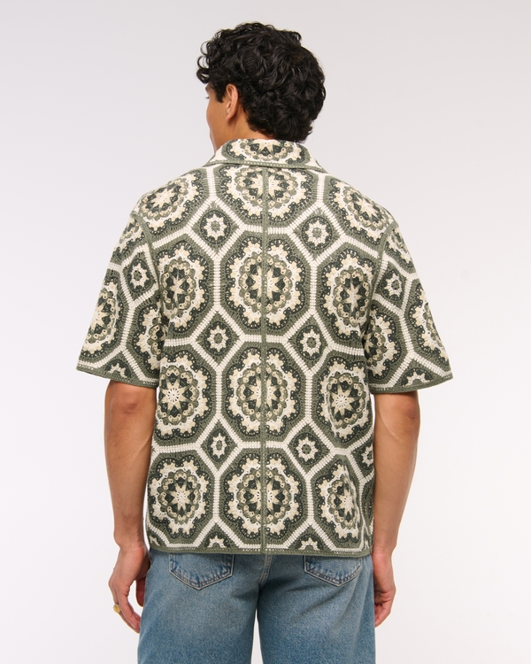 Crochet-Style Floral Button-Through Sweater Polo