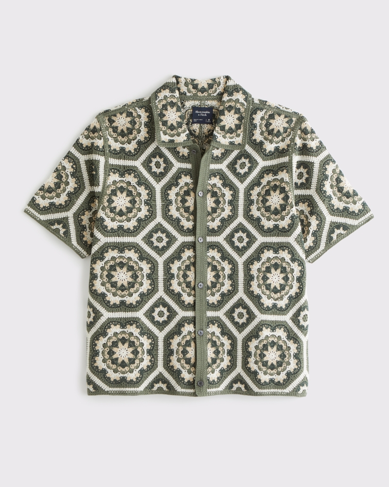 ★Abercrombie & Fitch★クロシェスタイル花柄セーターポロ メンズ クロシェスタイル フローラル ボタンスルー セーター