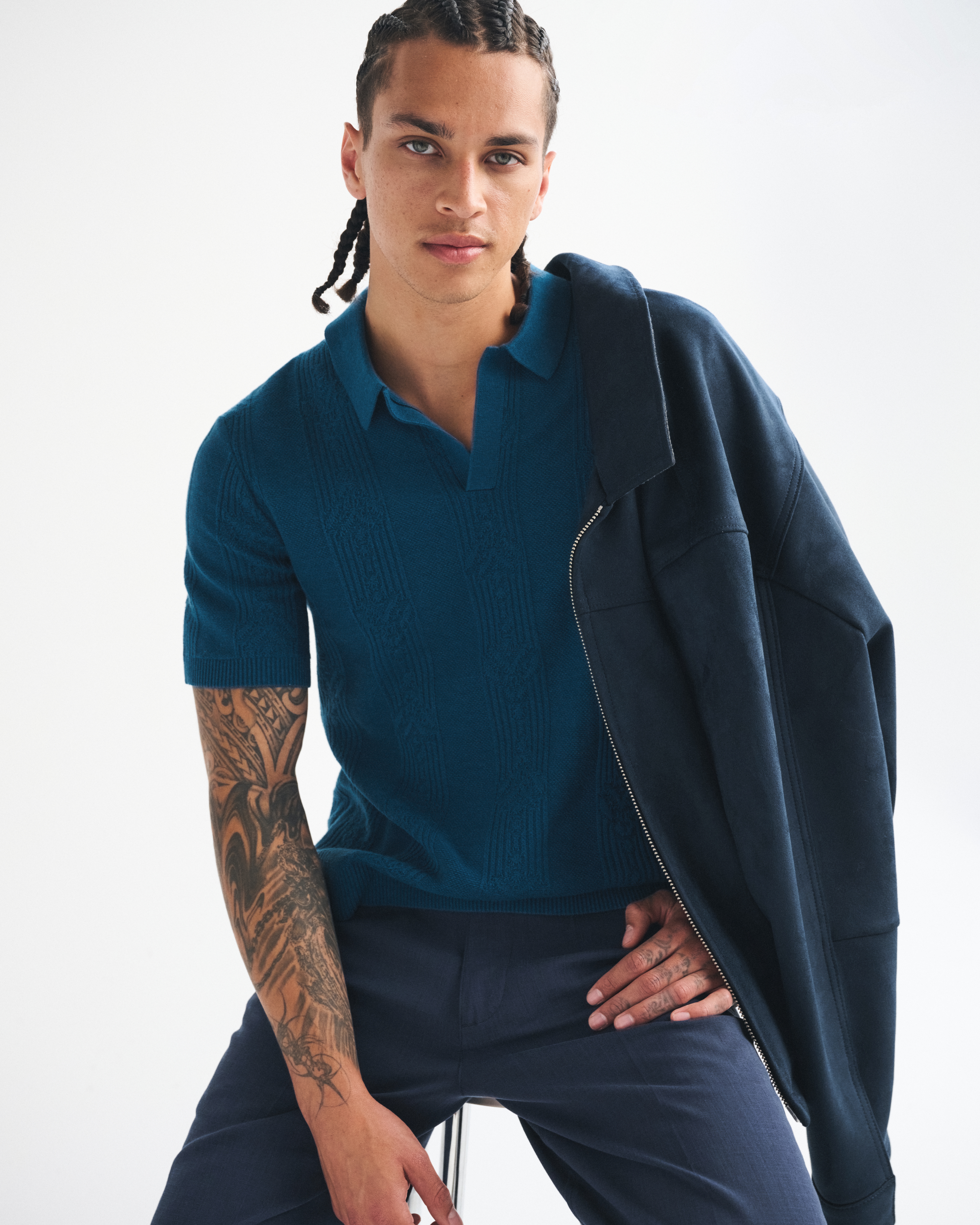 Abercrombie & Fitch Cable Stitch Johnny Collar Sweater Polo In Blue