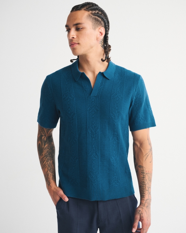 Men's Cable Stitch Johnny Collar Sweater Polo | Men's Tops