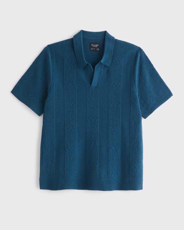 Cable Stitch Johnny Collar Sweater Polo, Dark Aqua view 1