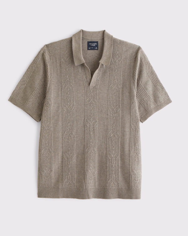 Textural Striped Johnny Collar Sweater Polo, Light Brown view 1