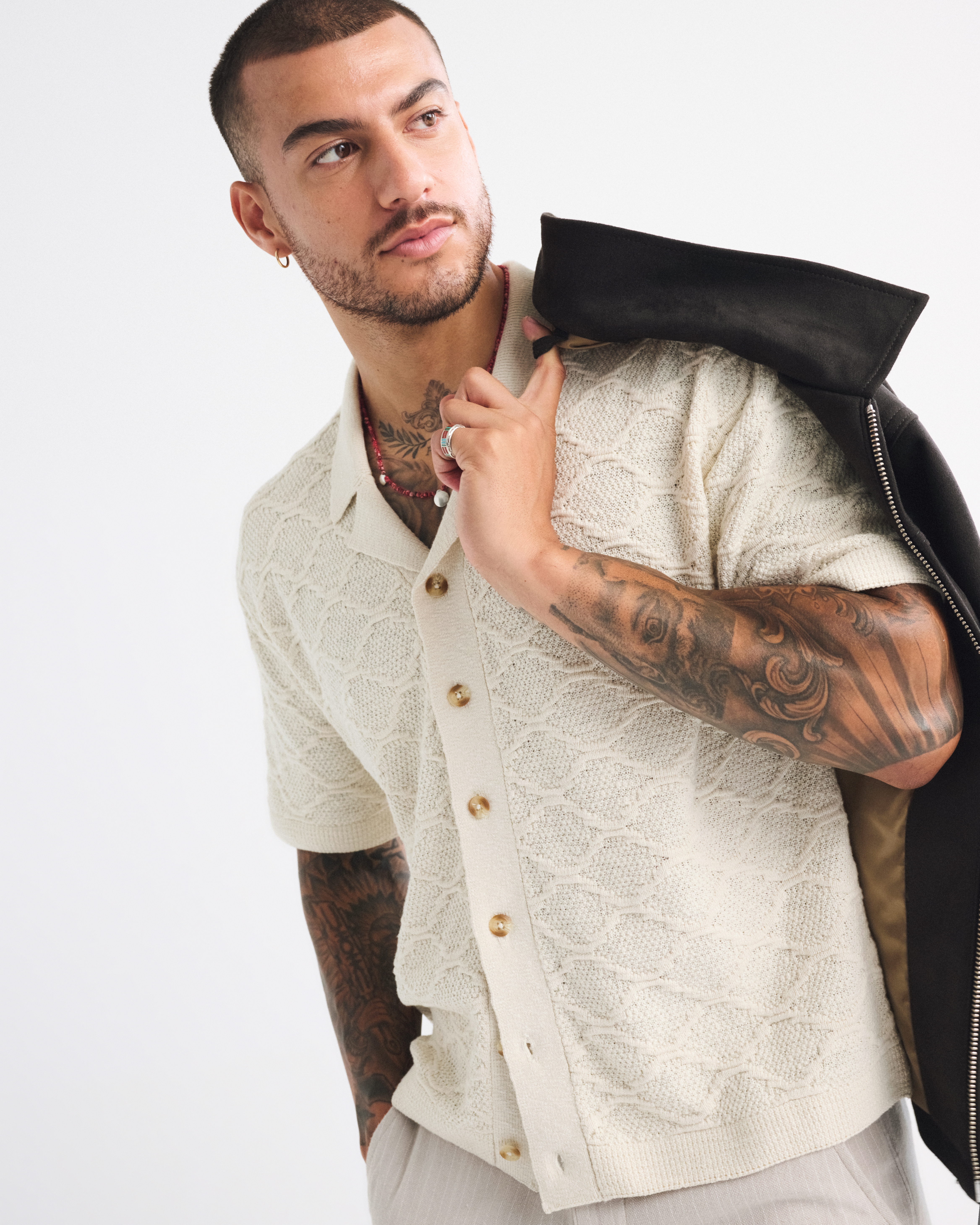 Abercrombie & Fitch Crochet-style Button-through Sweater Polo In White