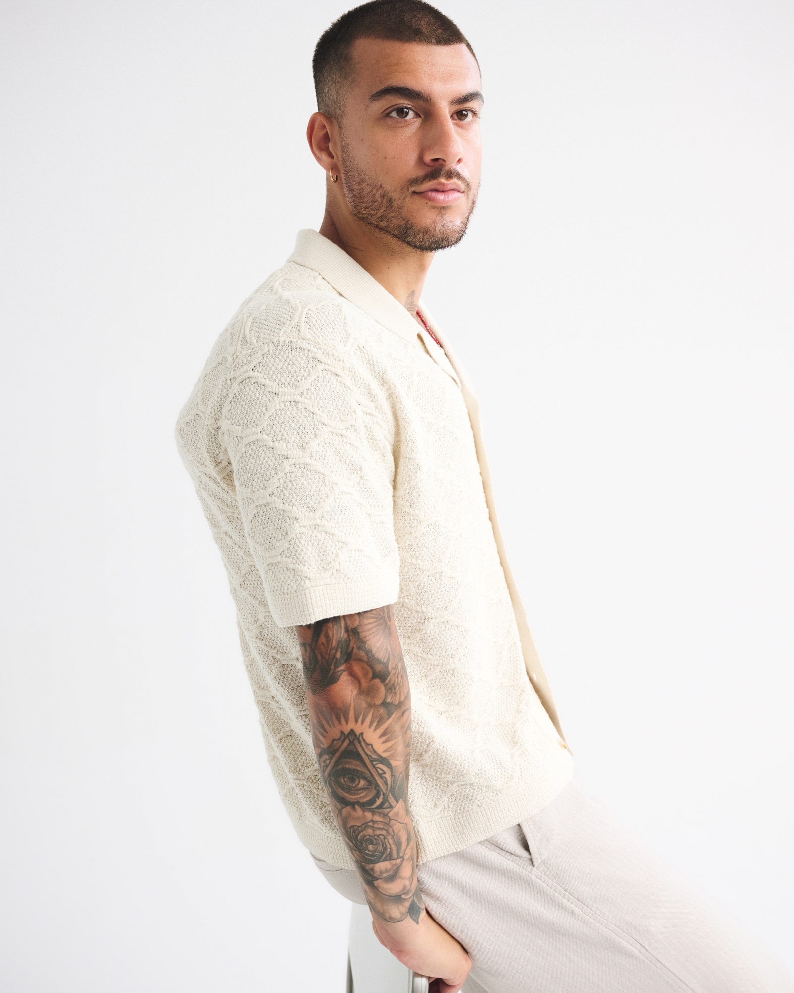 Crochet-Style Button-Through Sweater Polo