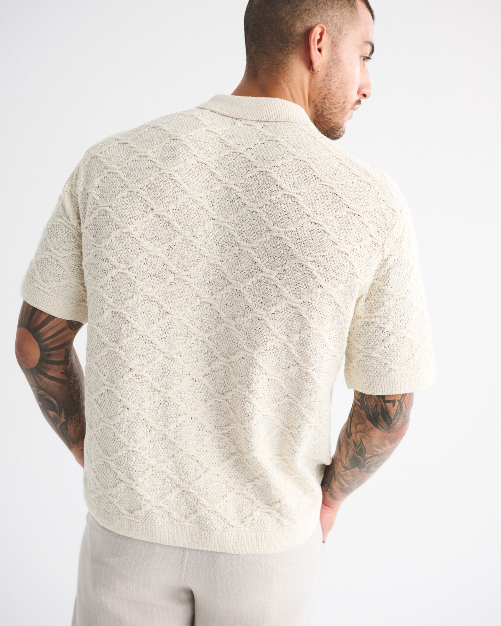Crochet-Style Button-Through Sweater Polo