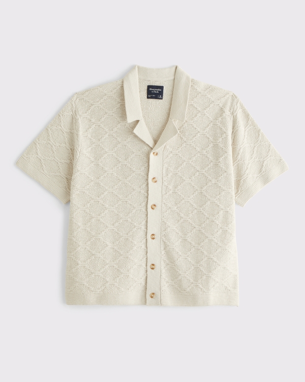 Pullover-Polo im Häkel-Style mit Knopfverschluss, Creme view 1