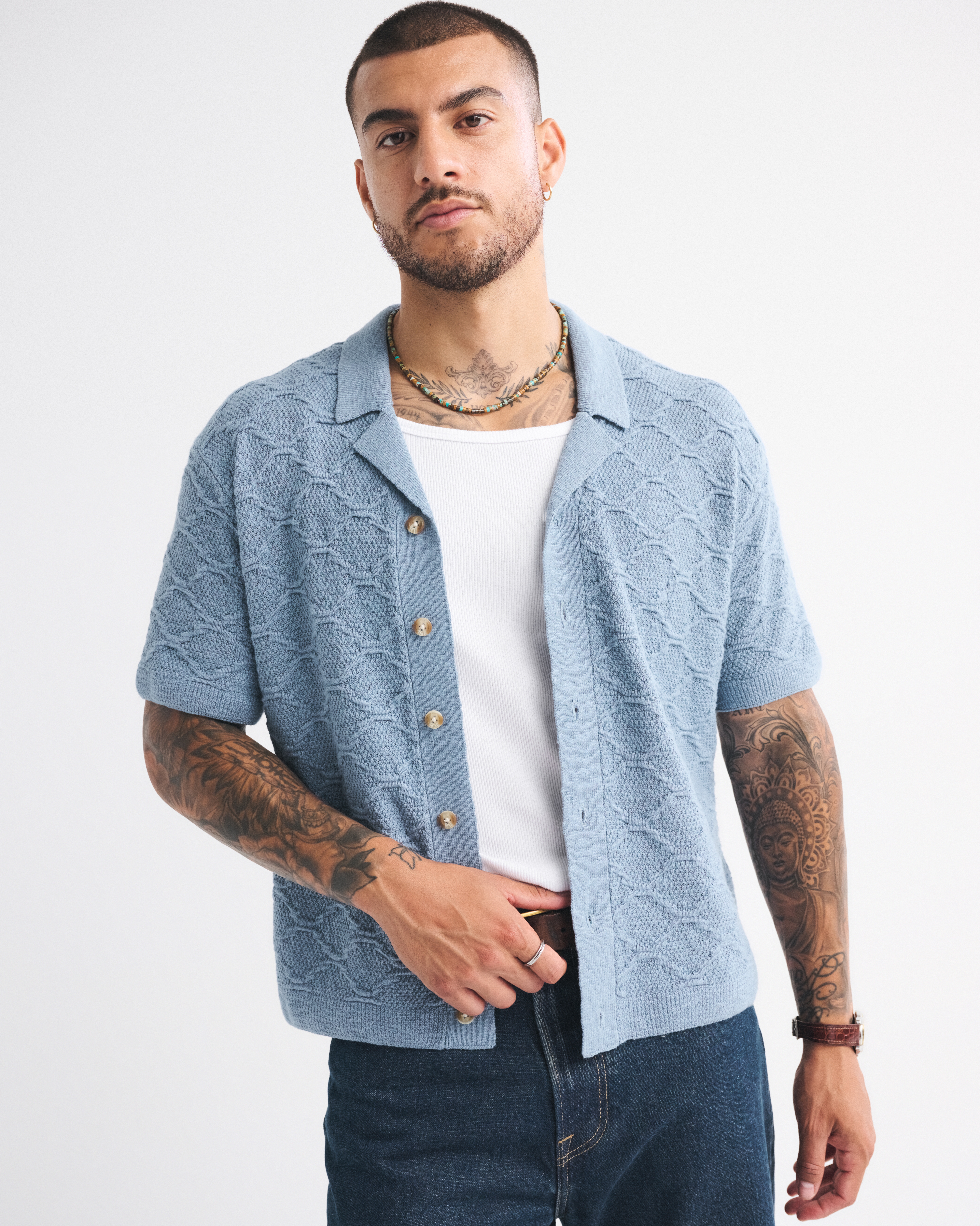 Abercrombie & Fitch Crochet-style Button-through Sweater Polo In Blue