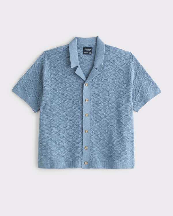 Crochet-Style Button-Through Sweater Polo, Light Blue view 1