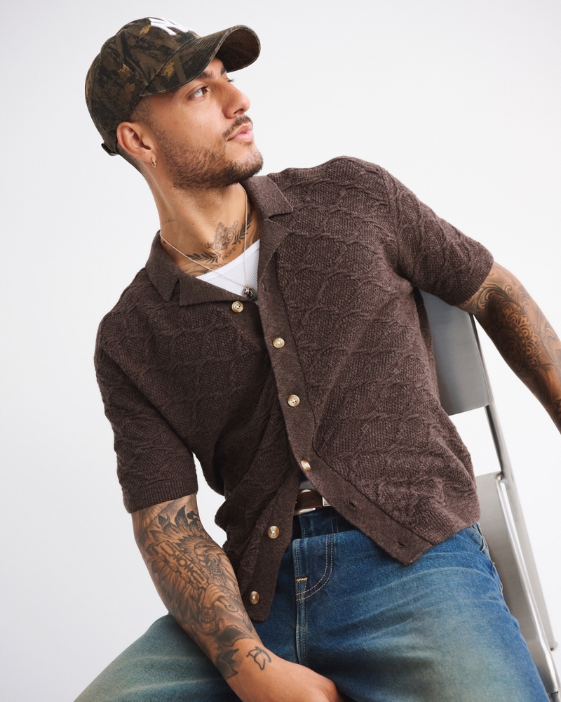 Men's Crochet-Style Button-Through Sweater Polo | Men's Tops