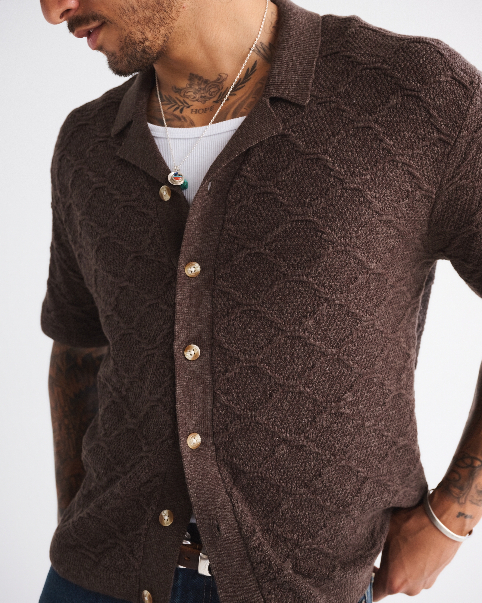 Crochet-Style Button-Through Sweater Polo