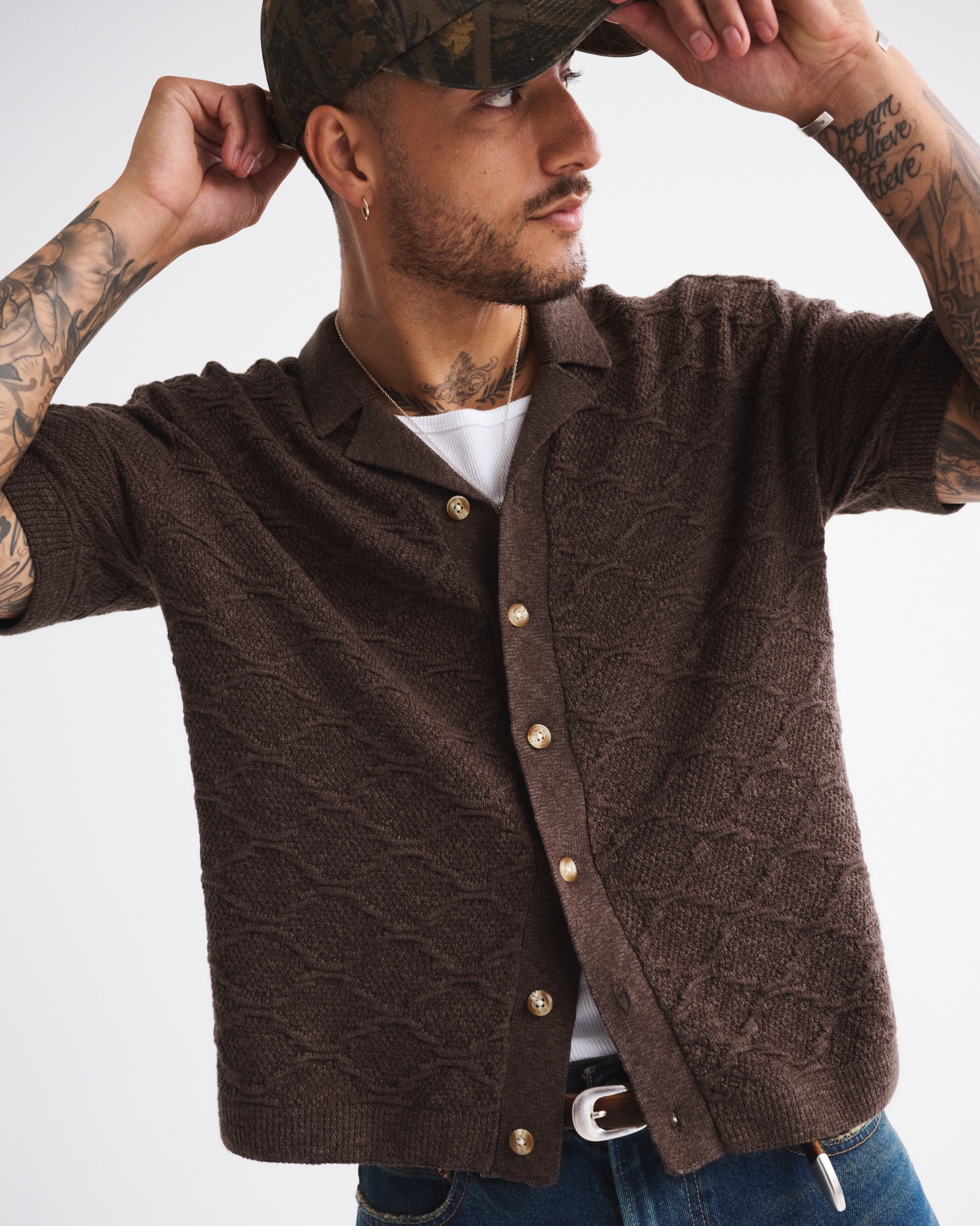 Crochet-Style Button-Through Sweater Polo