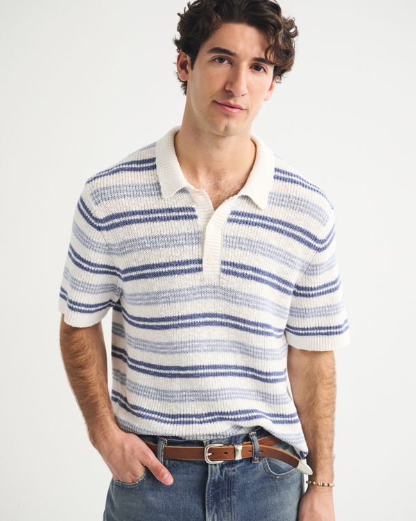 100% Cotton Striped 3-Button Sweater Polo, White Stripe view 1