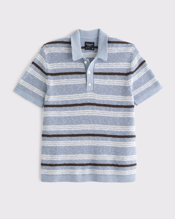 100% Cotton Striped 3-Button Sweater Polo, Light Blue Stripe view 1