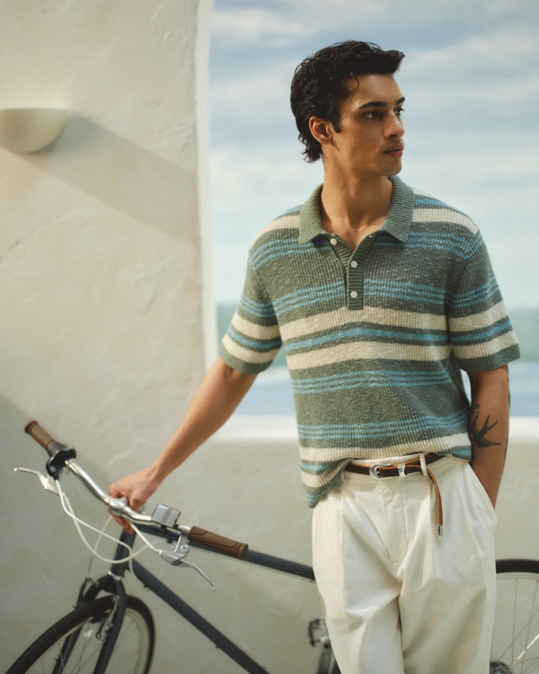 100% Cotton Striped 3-Button Sweater Polo, Green Stripe view 1