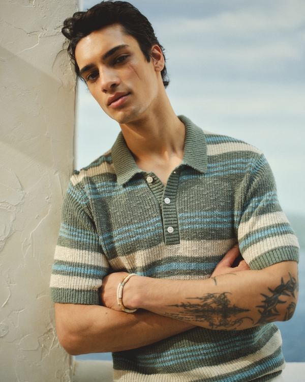 100% Cotton Striped 3-Button Sweater Polo, Green Stripe view 2