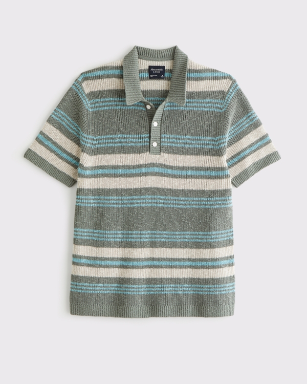 100% Cotton Striped 3-Button Sweater Polo, Green Stripe view 1
