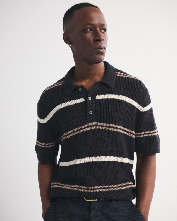100% Cotton Striped 3-Button Sweater Polo, Black Stripe view 1