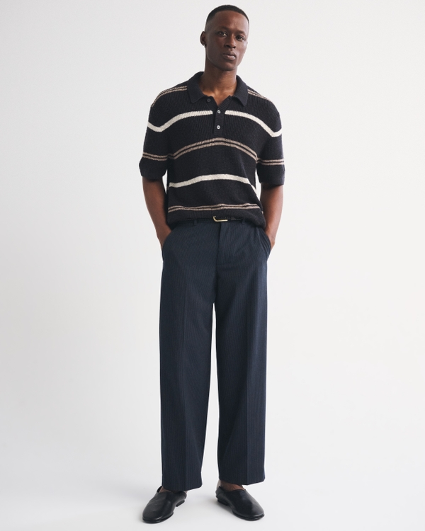 100% Cotton Striped 3-Button Sweater Polo, Black Stripe view 2