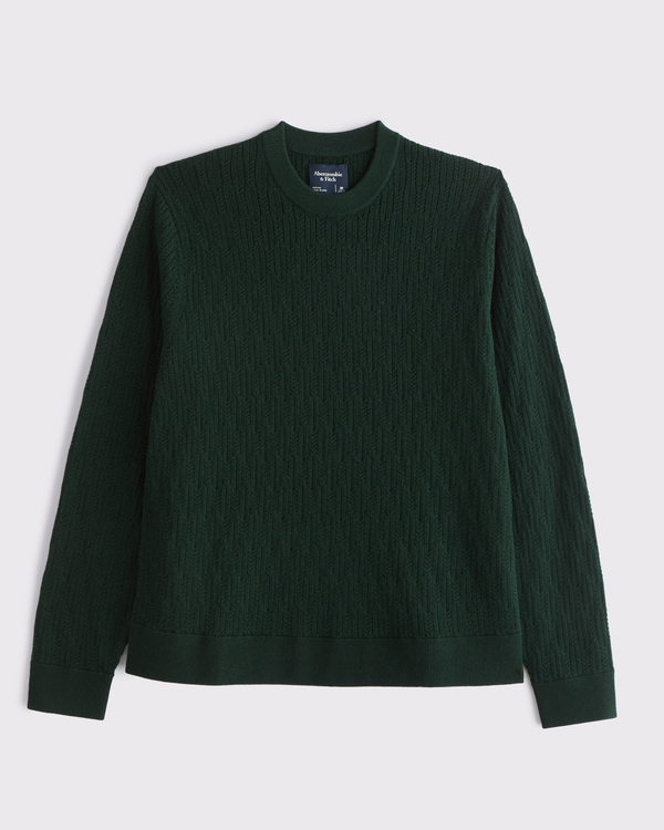 Merino Wool-Blend Cable Crew Sweater, Deep Green view 1
