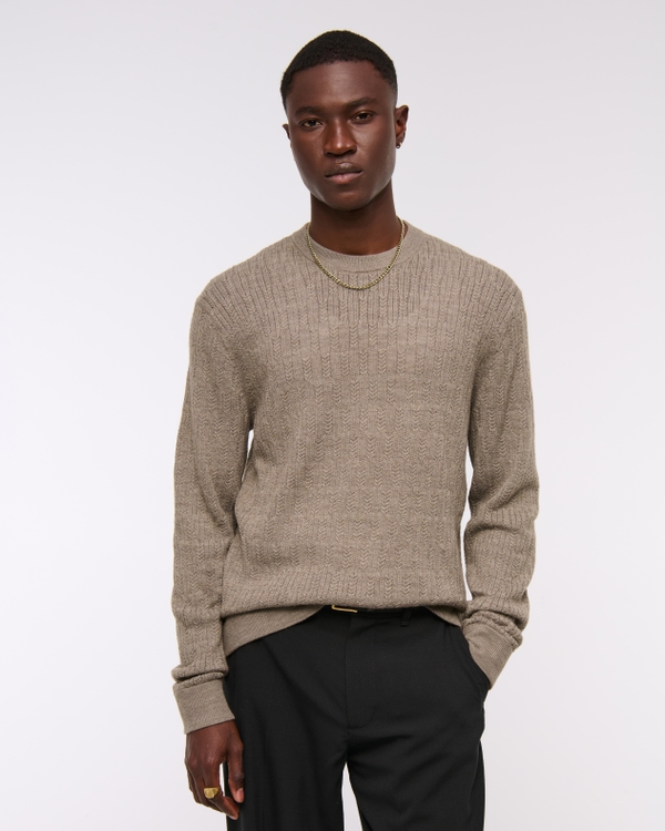 Merino Wool-Blend Cable Crew Sweater, Light Brown view 2