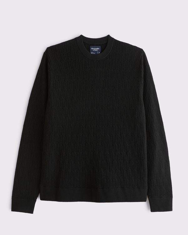 Merino Wool-Blend Cable Crew Sweater, Black view 1