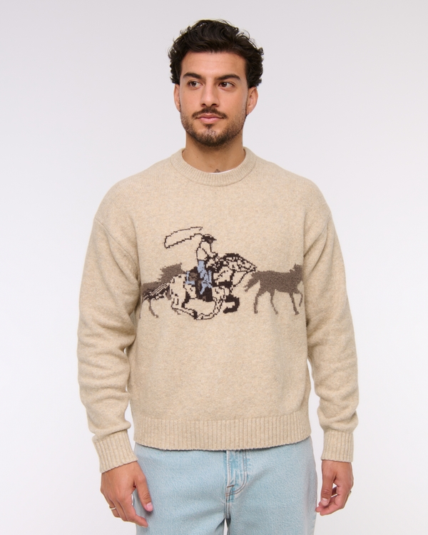Scenic Western Crew Sweater, Beige view 1