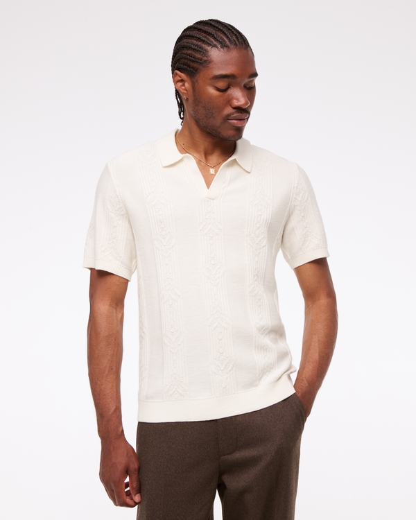 Jacquard Stripe Johnny Collar Sweater Polo, Cream view 1
